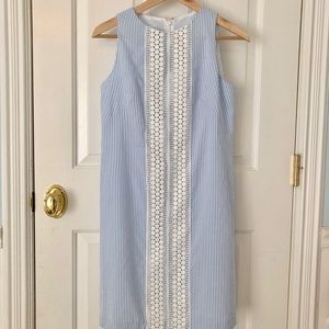 Blue and white strip dress with crotchet detail.